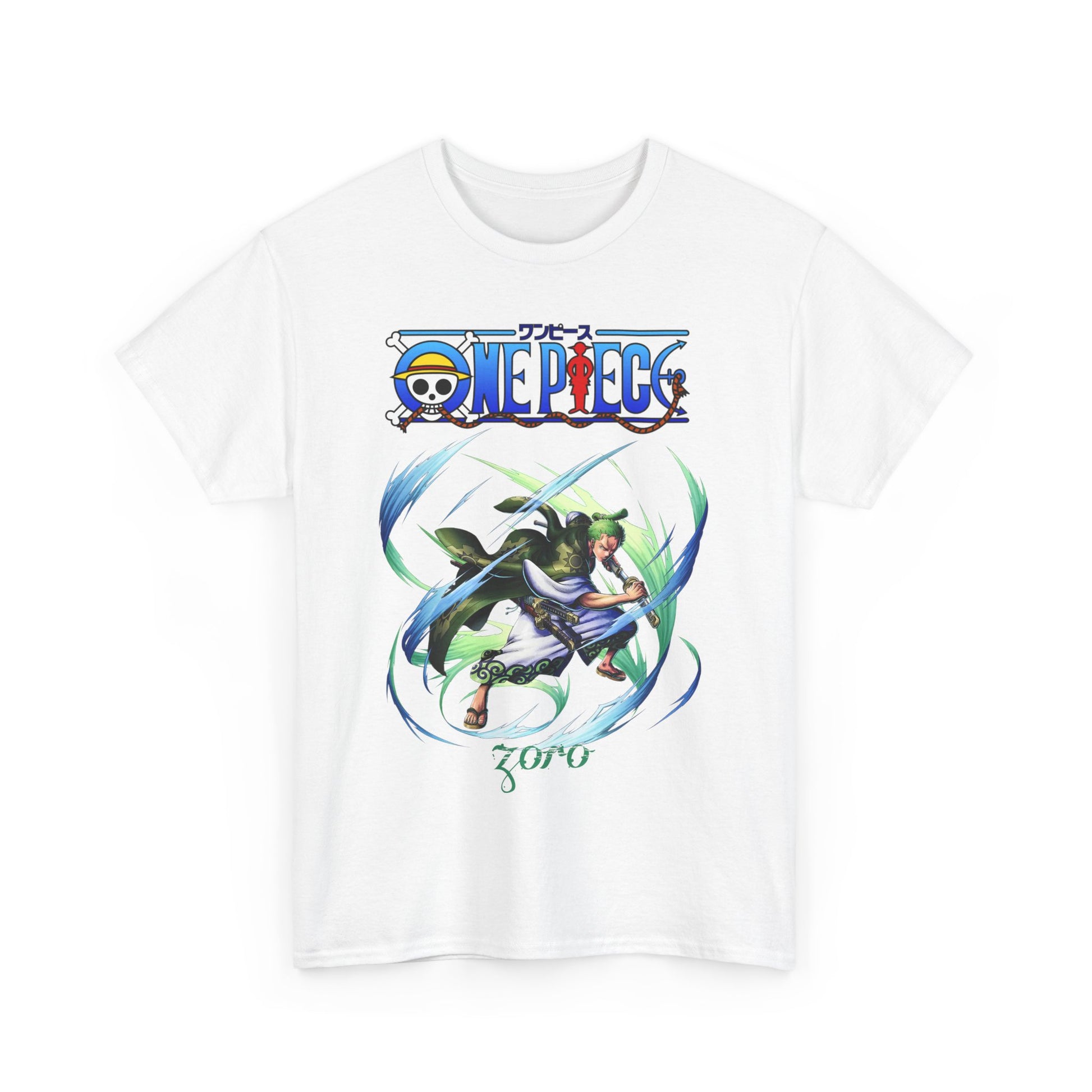 Charming white men's t-shirt displaying a vibrant design of Zoro from One Piece, perfect for fans seeking a blend of comfort and flair.