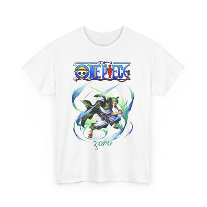Charming white men's t-shirt displaying a vibrant design of Zoro from One Piece, perfect for fans seeking a blend of comfort and flair.
