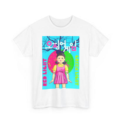 Squid Game Unisex Men's Women's Graphic Cotton Funny T-Shirt showcasing a bold design of a girl in a pink dress with 'Red Light Green Light' text. This fashionable tee embodies a playful yet luxurious lifestyle by Dazzling Dreams.