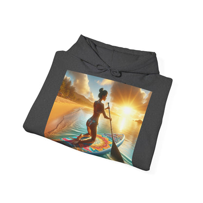 Fantasy Paddleboarding Unisex Hooded Sweatshirt showcasing a vibrant paddleboarding design, perfect for ocean lovers seeking luxury style and comfort.