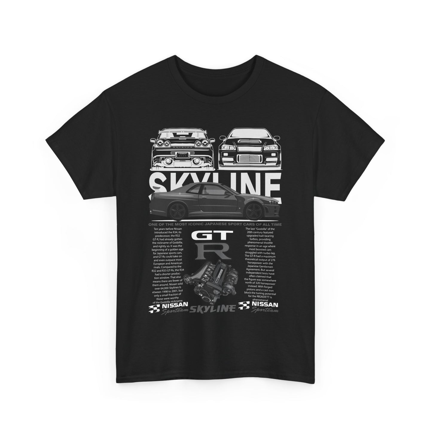 Stylish black men's t-shirt featuring a graphic design of the Nissan Skyline GT-R, illustrating its iconic performance and automotive heritage.