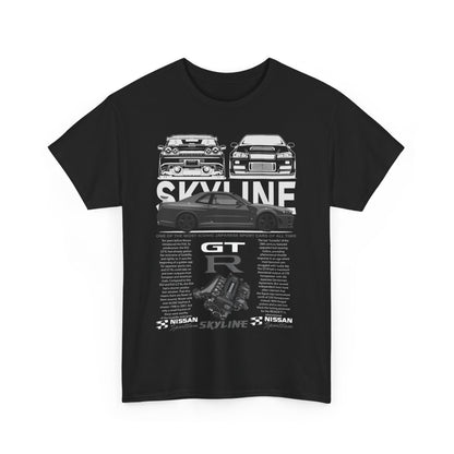Stylish black men's t-shirt featuring a graphic design of the Nissan Skyline GT-R, illustrating its iconic performance and automotive heritage.