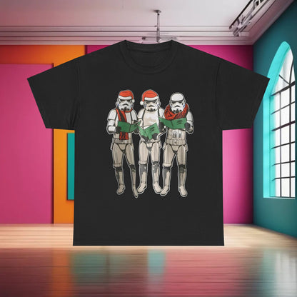 Sleek black Carol Singing Stormtroopers Star Wars Graphic T-Shirt, featuring festive Stormtroopers singing, a must-have for trendy unisex wear in geek culture.