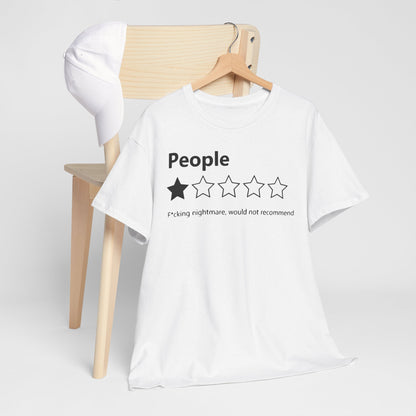 Chic white t-shirt laid over a wooden chair, presenting a humorous message with the word 'People' alongside an artistic star rating, perfect for casual luxury.