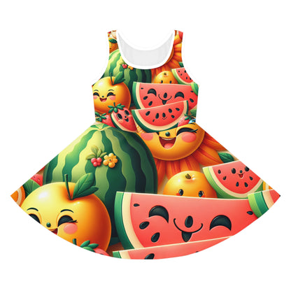 Isabella Pristine Girls Sundress by Dazzling Dreams Studio featuring a vibrant cartoon fruit print with cheerful strawberries and watermelons, perfect for summer elegance.