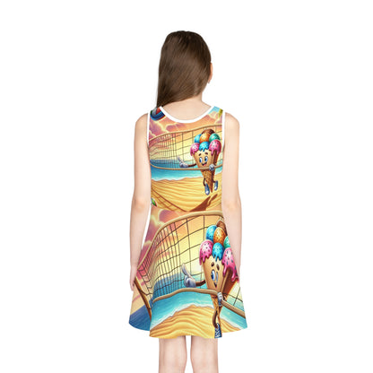 Charming image of the Liana Dioretti Ice-Cream Beach Volleyball Themed Girls Sundress against a sunny backdrop, highlighting the whimsical design from Dazzling Dreams Studio.