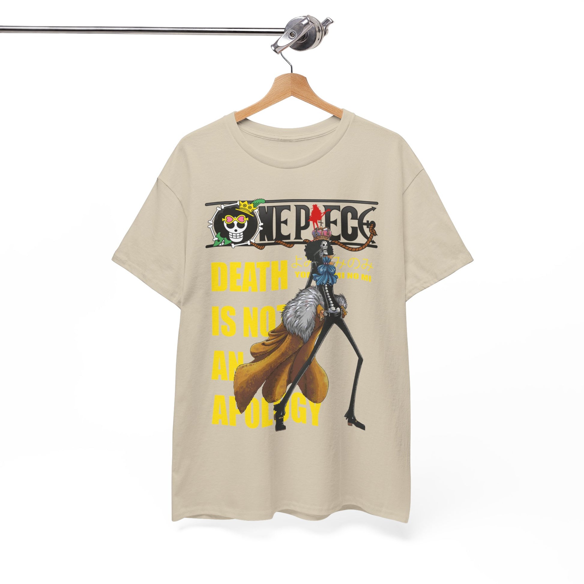 Sophisticated beige tee hanging on a stylish hanger, displaying a bold 'One Piece' illustration, crafted for the discerning anime enthusiast.