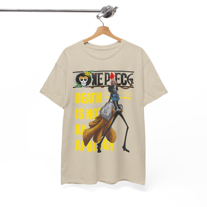 Sophisticated beige tee hanging on a stylish hanger, displaying a bold 'One Piece' illustration, crafted for the discerning anime enthusiast.