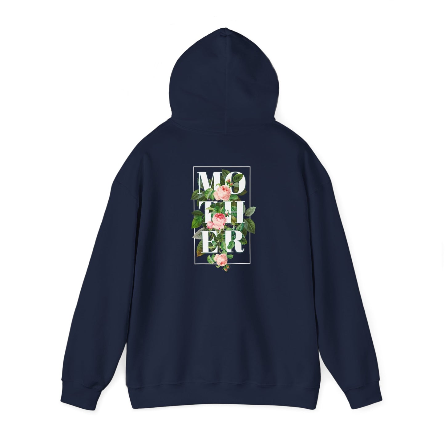 An elegantly designed navy hoodie featuring a striking floral back print, elegantly showcasing the word 'MOTHER' surrounded by delicate roses and lush greenery, framed expertly within a square.