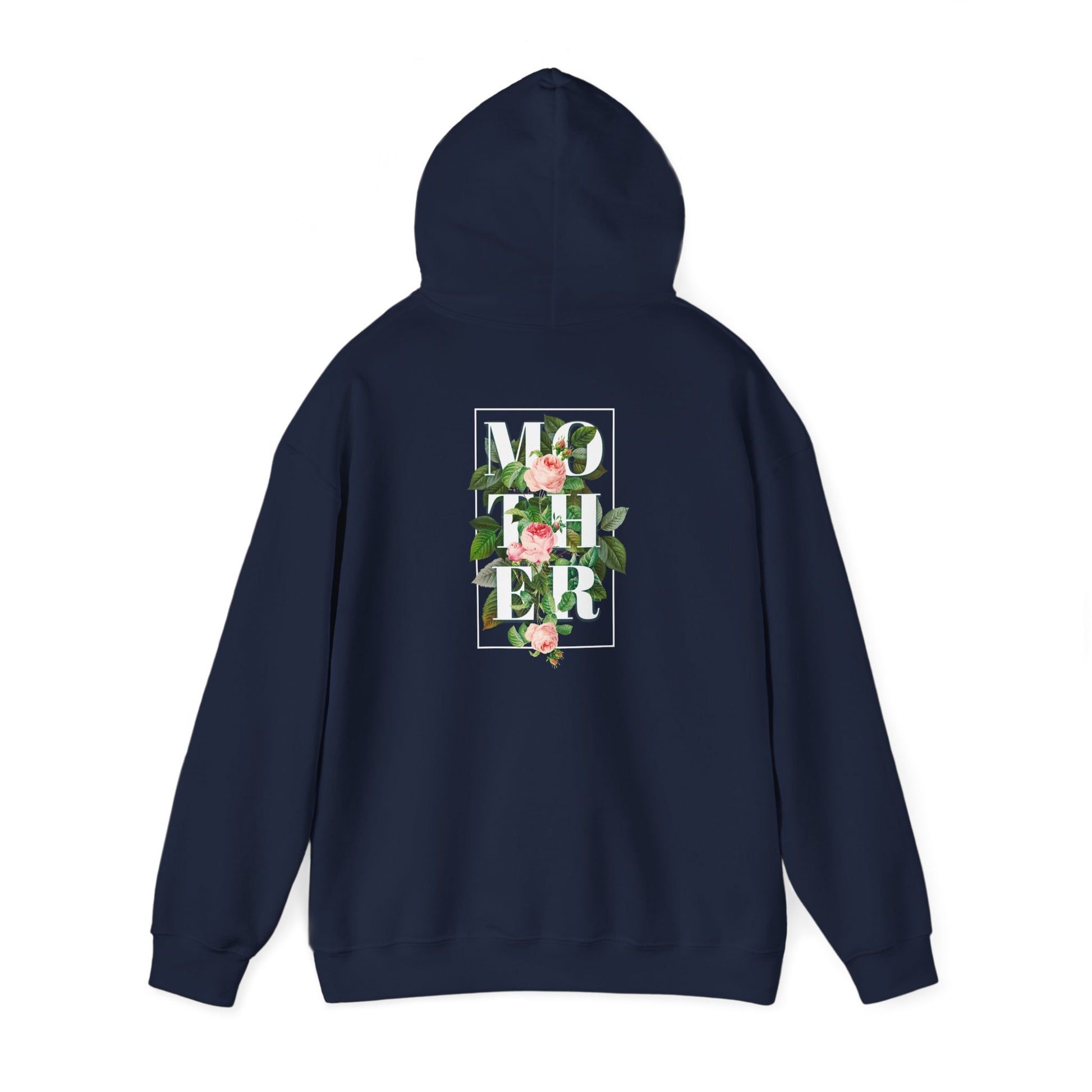 An elegantly designed navy hoodie featuring a striking floral back print, elegantly showcasing the word 'MOTHER' surrounded by delicate roses and lush greenery, framed expertly within a square.