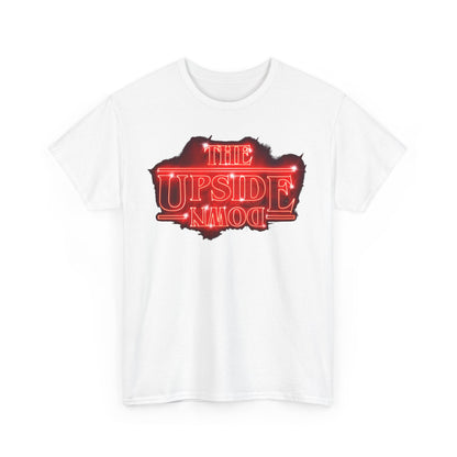 Luxury white graphic T-shirt featuring 'THE UPSIDE DOWN' neon-red text design, inspired by supernatural themes.