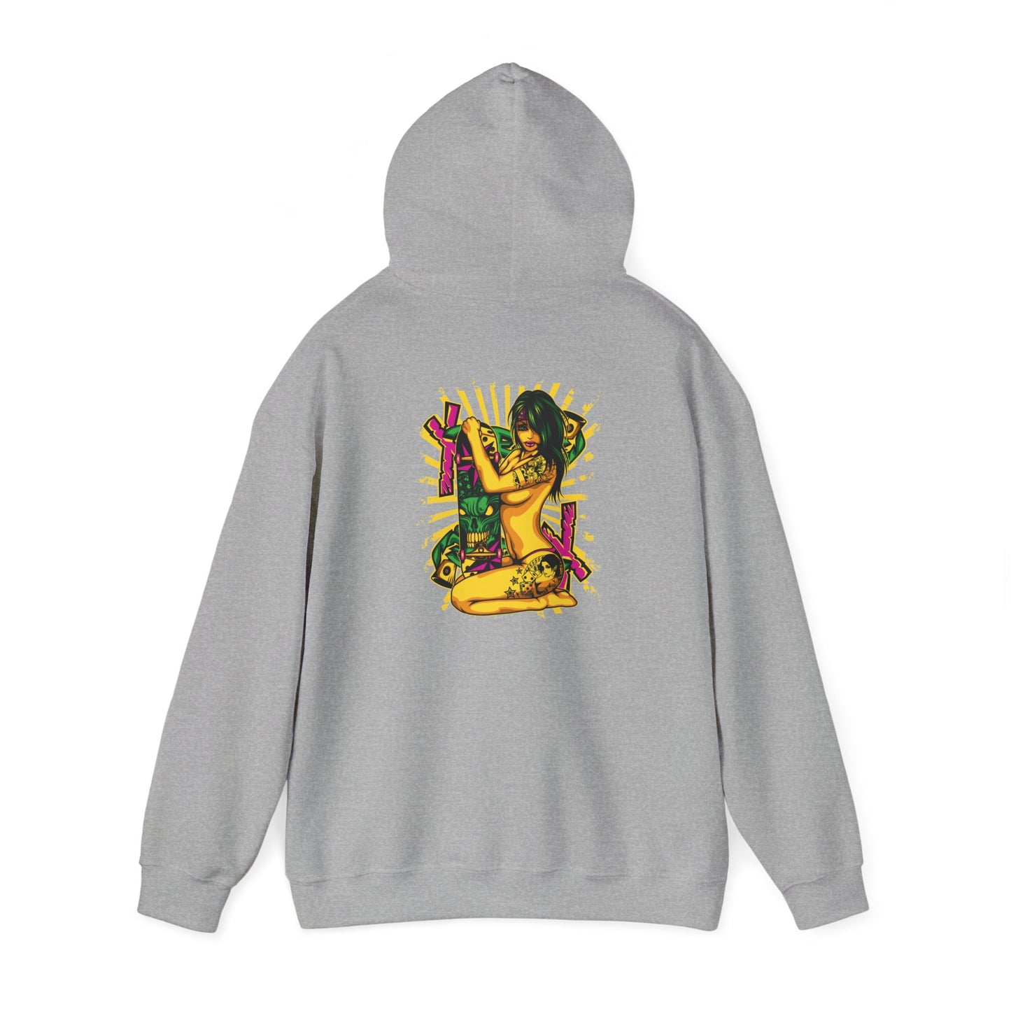 Chic grey hoodie featuring a vibrant back print of a creative pop art design, highlighting a confident woman posed with a skateboard, perfect for trendy streetwear enthusiasts.