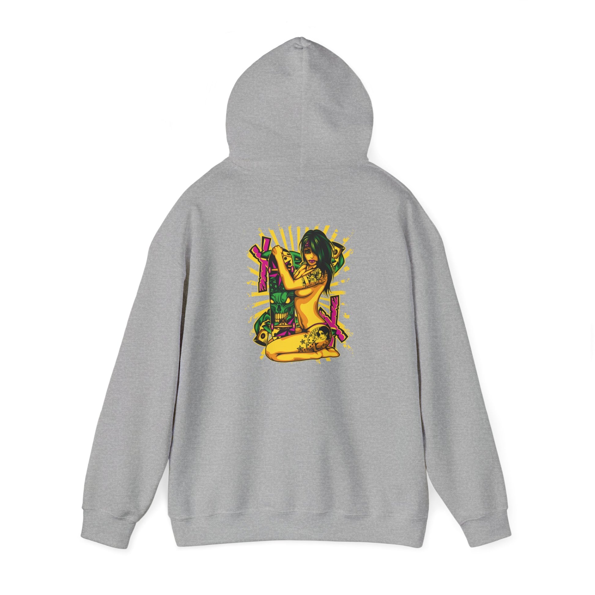 Chic grey hoodie featuring a vibrant back print of a creative pop art design, highlighting a confident woman posed with a skateboard, perfect for trendy streetwear enthusiasts.