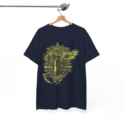 Stylish navy t-shirt hanging on a wooden hanger, showcasing an intricate Grim Reaper and floral design, perfect for dark fashion enthusiasts.