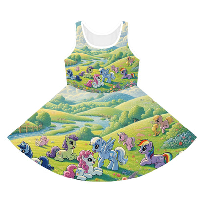 Isabella Twinkle Girls Sundress by Dazzling Dreams Studio featuring playful cartoon ponies and pastel colours, perfect for summer elegance.