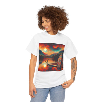 Premium Paddleboarding Scene T-Shirt from Dazzling Dreams Studio, showcasing a picturesque design of a serene paddleboarding landscape, perfect for water sports enthusiasts.