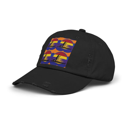 Unisex Distressed Paddleboarders Cap in black, featuring a colourful paddleboarding print, the ultimate stylish accessory for luxury outdoor lovers.