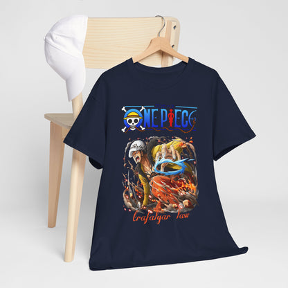 Elegant navy blue t-shirt displayed on a wooden chair, featuring a stunning graphic of Trafalgar Law from One Piece, perfect for casual or anime-inspired attire.