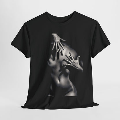 Luxury black graphic t-shirt featuring a captivating monochrome design of hands on a nude silhouette, perfect for art enthusiasts.