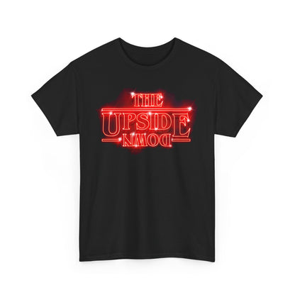Sleek black graphic t-shirt with bold red illumination displaying 'THE UPSIDE DOWN', a tribute to a cult classic television show.