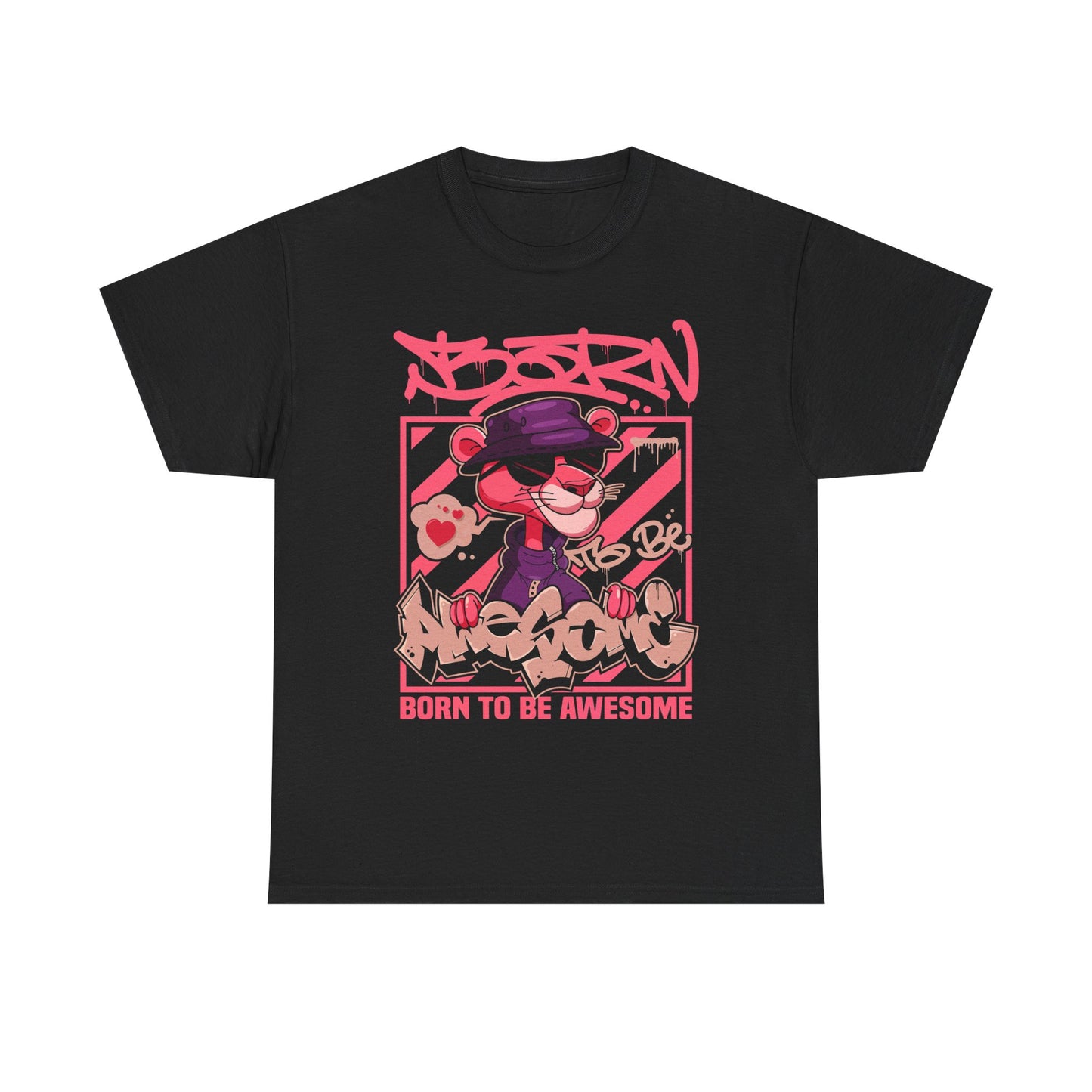 Luxurious black men's t-shirt featuring a vibrant pink panther graphic with graffiti-inspired artwork, showcasing the phrase 'BORN TO BE AWESOME' in stylish typography, perfect for an urban chic look.