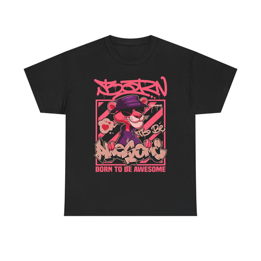 Luxurious black men's t-shirt featuring a vibrant pink panther graphic with graffiti-inspired artwork, showcasing the phrase 'BORN TO BE AWESOME' in stylish typography, perfect for an urban chic look.