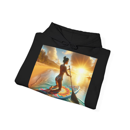 Fantasy Paddleboarding Unisex Hooded Sweatshirt folded display, highlighting captivating paddleboarding imagery, perfect for stylish outdoor enthusiasts.