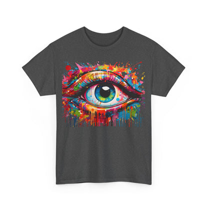 Visionary Drip Graffiti Graphic Unisex T Shirt Tee - Front view featuring a vibrant eye design amidst a spectrum of bold colours.