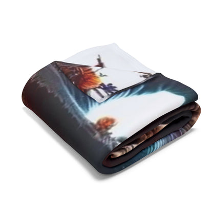 Refined Decorative and Warm Halloween Spooky Arctic Fleece Blanket elegantly folded, revealing its intricate design featuring Halloween motifs, perfect for a touch of luxury during the spooky season.