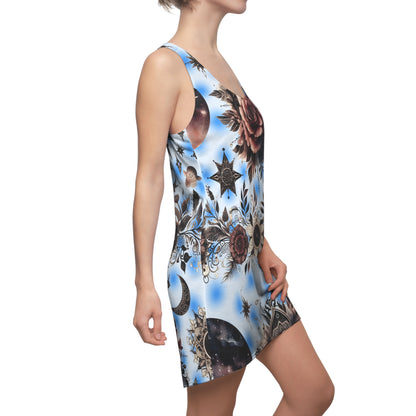 Model wearing a Women's Luxury Chic Racerback Dress, showcasing its stylish floral pattern and flattering fit, perfect for summer occasions.