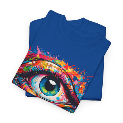 Stylishly folded unisex t-shirts displaying the captivating 'Visionary Drip' graphic with a colourful eye design, perfect for art enthusiasts and casual wear.