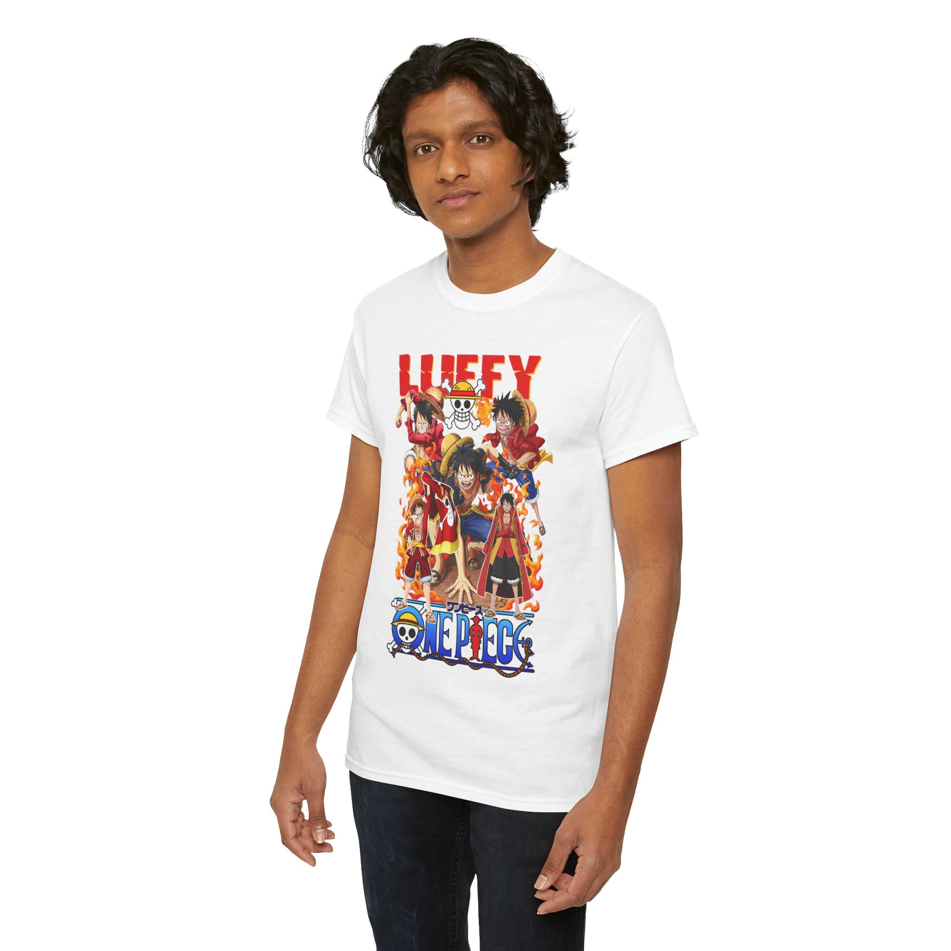 Male model posing in a stylish white graphic t-shirt adorned with popular anime characters, perfect for expressing adventurous spirit.