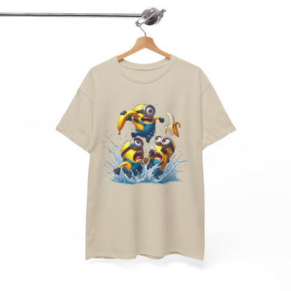 Mens Funny T-Shirt: Minions Banana Splash featuring three playful Minions splashing in water, perfect for adding fun to your wardrobe. T Shirt, Funny, Minions.