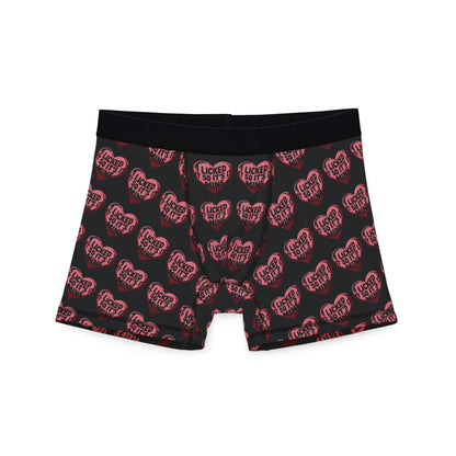 Valentine's Naughty Cheeky Men's Boxer Briefs featuring bold 'I LICKED IT SO IT'S MINE' text in playful heart graphic, designed for humour and romance.