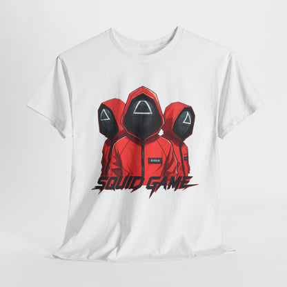 Squid Game Unisex Men’s Women’s Graphic Cotton Funny T-Shirt showcasing three hooded figures in red outfits, exuding an air of intrigue and style.