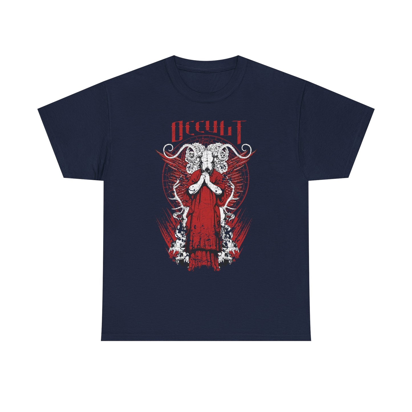 Sophisticated navy blue t-shirt displaying a stunning occult-themed graphic, featuring a powerful figure in a red robe with striking horns and intricate artwork, ideal for a luxurious style.