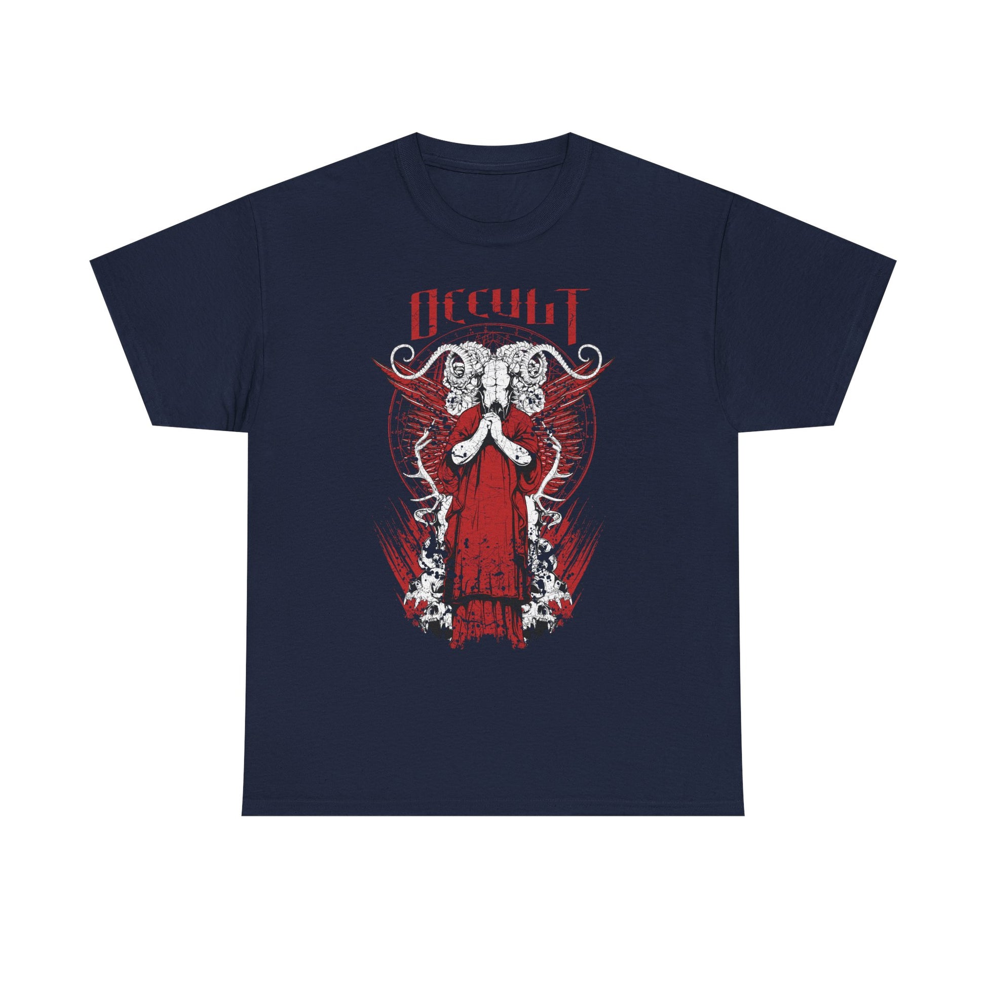 Sophisticated navy blue t-shirt displaying a stunning occult-themed graphic, featuring a powerful figure in a red robe with striking horns and intricate artwork, ideal for a luxurious style.