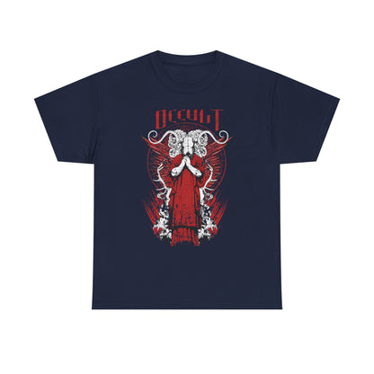 Sophisticated navy blue t-shirt displaying a stunning occult-themed graphic, featuring a powerful figure in a red robe with striking horns and intricate artwork, ideal for a luxurious style.