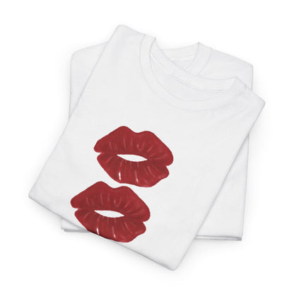 Luxurious unisex white graphic t-shirt featuring a striking design of two pairs of bold crimson lips, ideal for expressing playful romance on Valentine's Day.