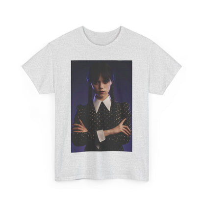 Unisex graphic tee showcasing the title 'Wednesday: Embrace the Dark Elegance!' featuring a striking visual of a model styled in gothic attire with a dark-themed backdrop.