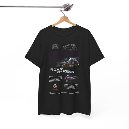 Elegant Suzuki Forza T-shirt elegantly displayed on a hanger, highlighting intricate car illustrations and empowering slogans for passionate car lovers.