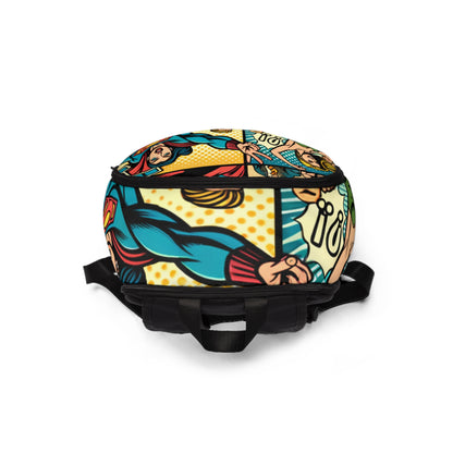 Eye-catching Trendy Modern Pop Art Backpack showcasing a dynamic colour palette and contemporary motifs from Dazzling Dreams Studio.