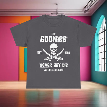 The Goonies Graphic T-Shirt in dark grey featuring iconic skull and crossed swords design, proclaiming 'NEVER SAY DIE' and 'ASTORIA, OREGON', a luxurious tribute to the timeless adventure film.