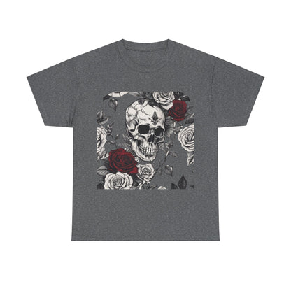 Skulls and Roses Cotton Tee, Unisex Graphic Shirt shown on a textured grey background, featuring the intricate steampunk skull and rose motif for a bold statement in fashion.