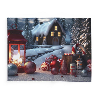 Decorative and Warm Christmas Arctic Fleece Blanket highlighting a stunning winter tableau with a cozy cabin, glowing lantern, and festive decorations that enhance your Christmas decor.