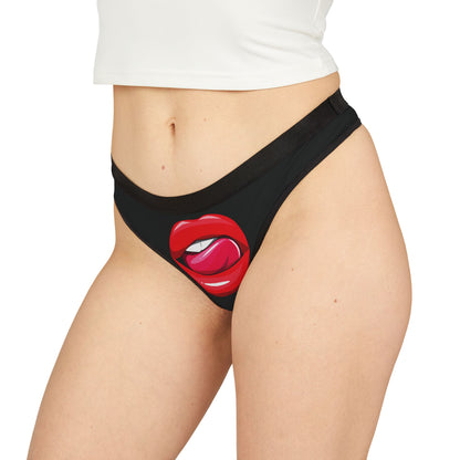 Stylish women's thong capturing a playful red lips design, ideal for luxurious and humorous gifting on romantic occasions.