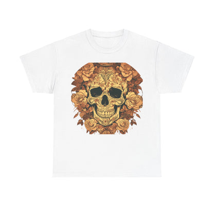Skulls and Roses Cotton Tee featuring an intricate skull and rose design, blending edgy style with luxury fashion.