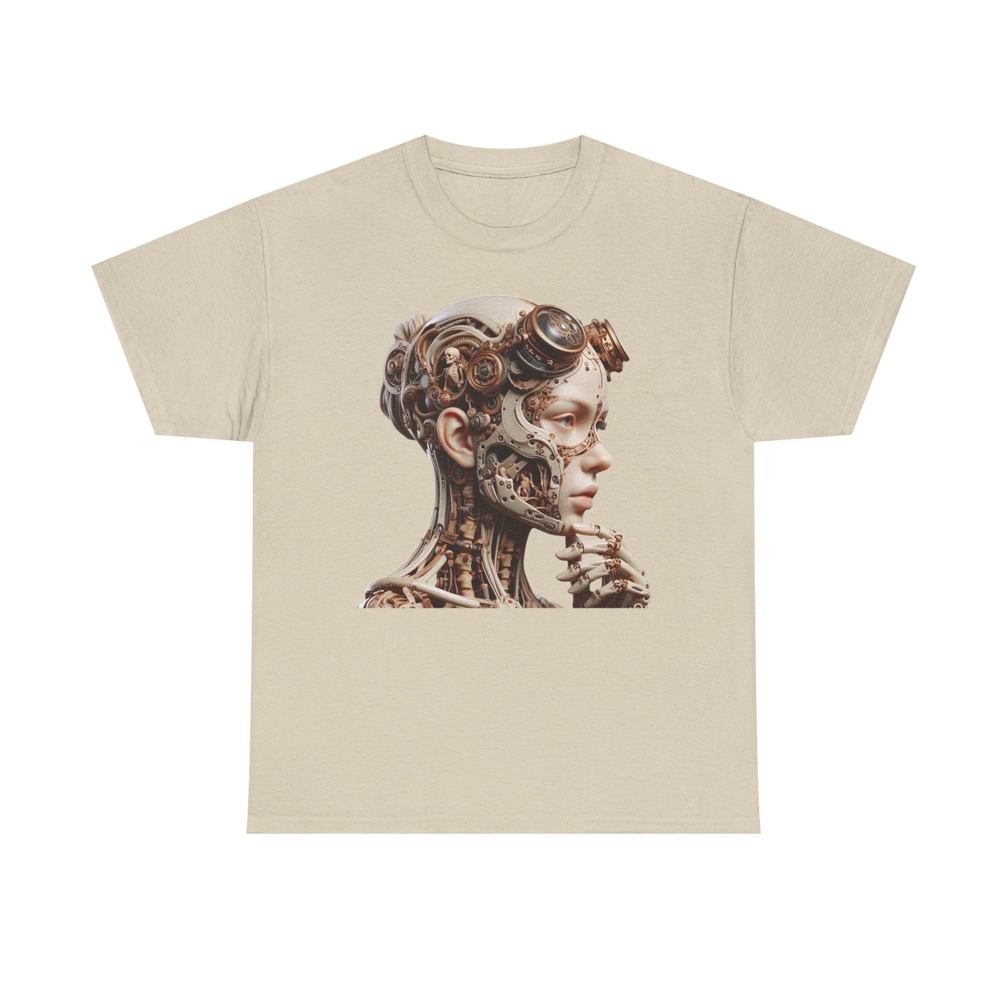 Elegant beige Men's T-Shirt showcasing a complex cyborg design with a detailed depiction of a female silhouette and mechanical components, ideal for unique fashion statements.