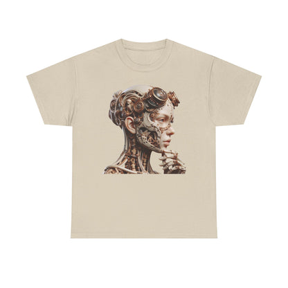Elegant beige Men's T-Shirt showcasing a complex cyborg design with a detailed depiction of a female silhouette and mechanical components, ideal for unique fashion statements.