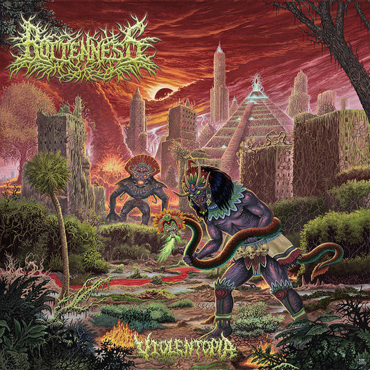 Rottenness Violentopia CD cover art by Rancid Offal Records, showcasing the unique death metal aesthetic and intense energy of the album, released in 2022.